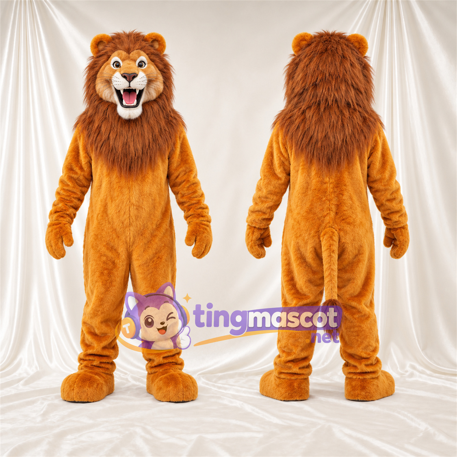 Costume de mascotte Lion – orange – Crinière (marron); Bouche ouverte Costume de mascotte Lion – orange – Crinière (marron); Bouche ouverte