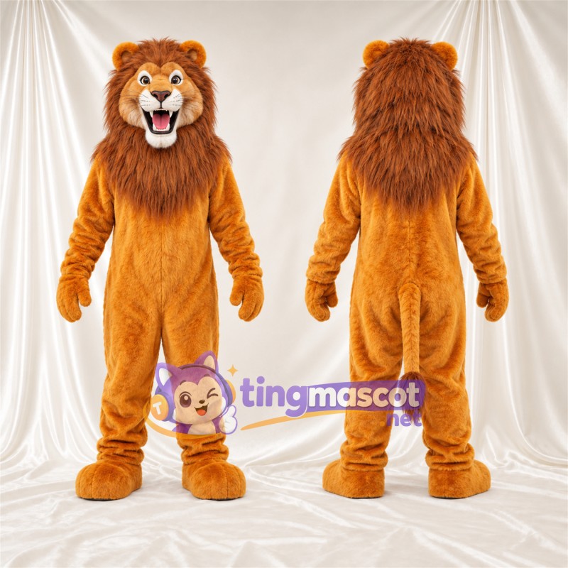 Costume de mascotte Lion – orange – Crinière (marron); Bouche ouverte