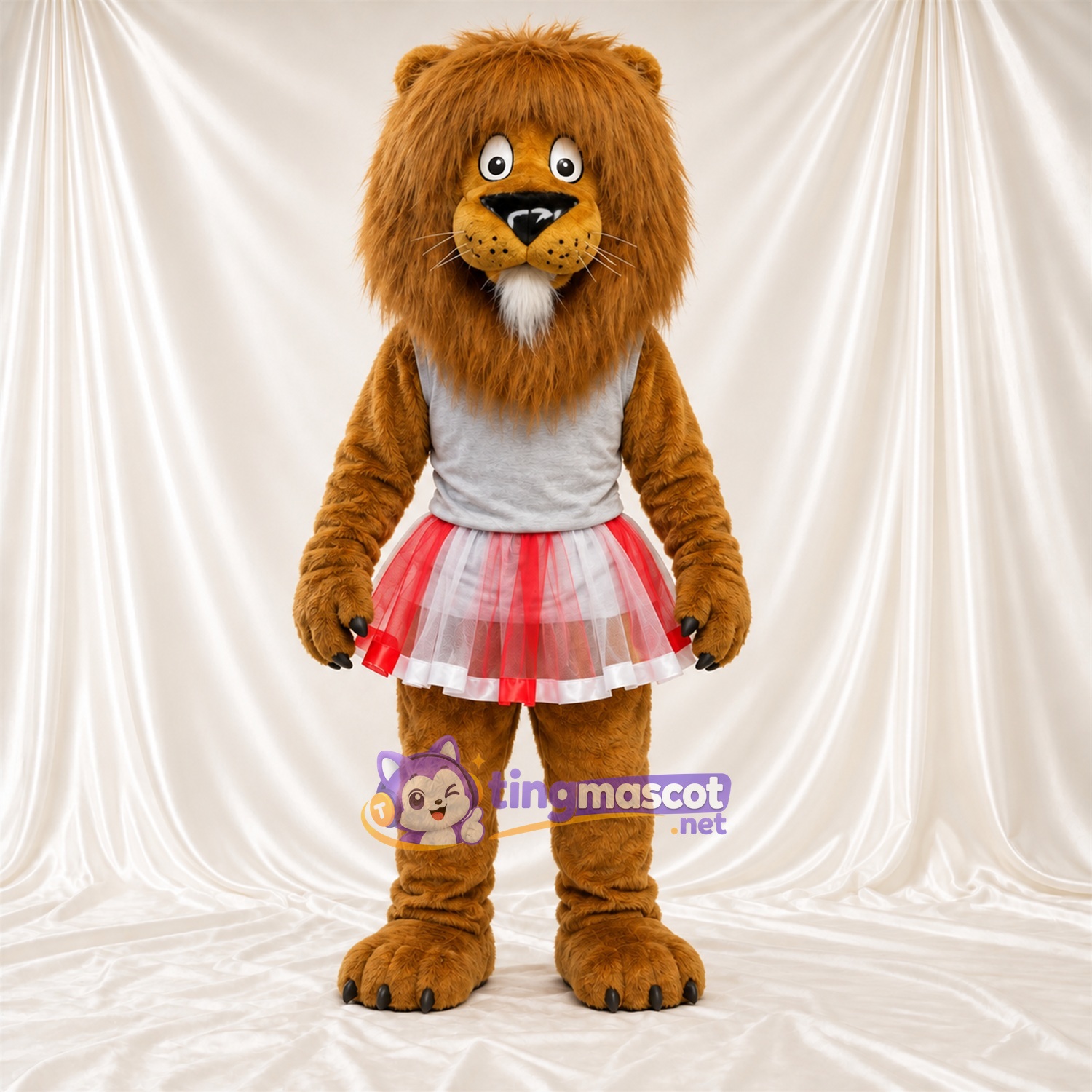 Brown Lion Mascot Costume - Gray Top and Red Plaid Skirt Brown Lion Mascot Costume - Gray Top and Red Plaid Skirt