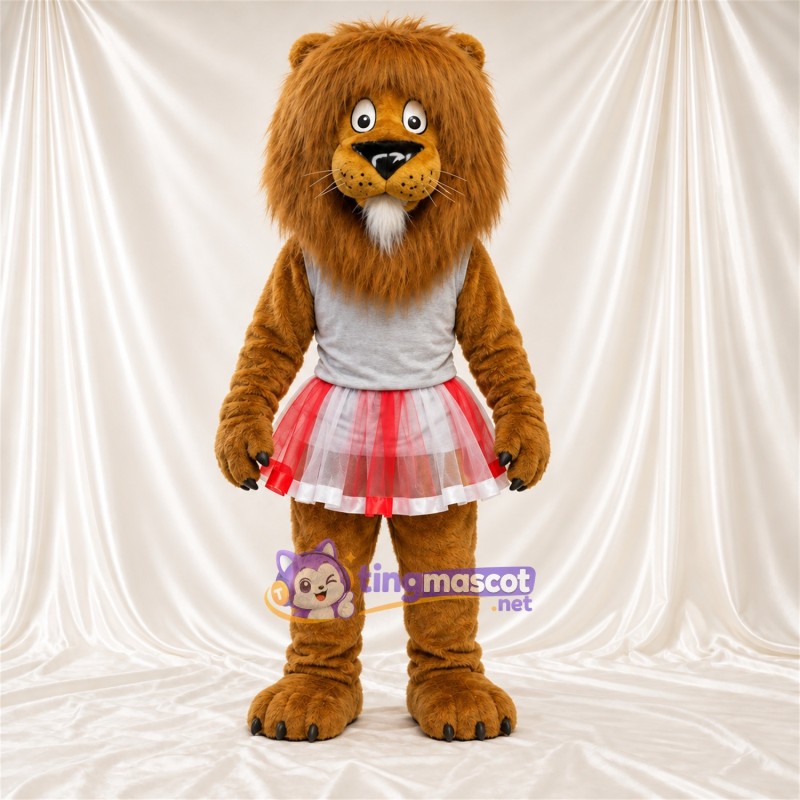 Brown Lion Mascot Costume - Gray Top and Red Plaid Skirt Brown Lion Mascot Costume - Gray Top and Red Plaid Skirt