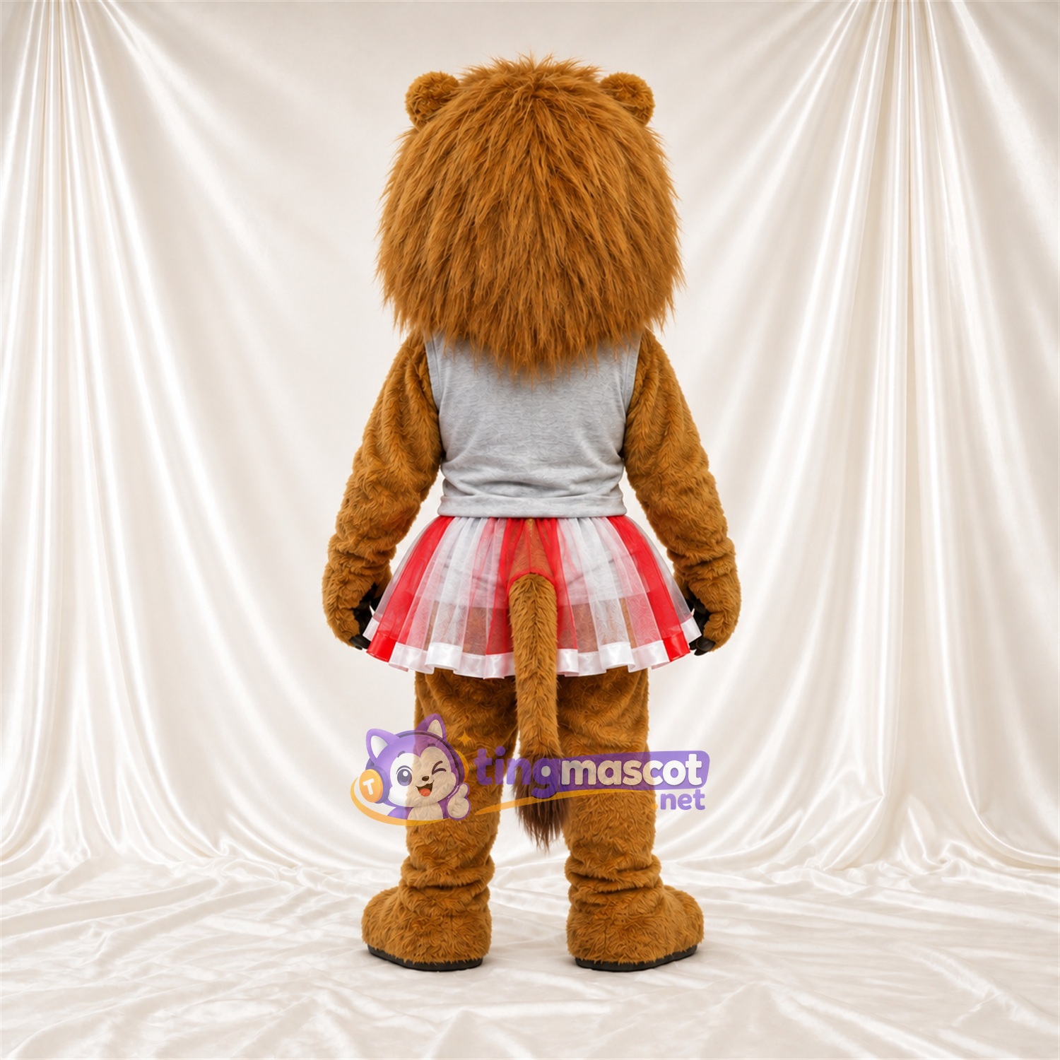 Brown Lion Mascot Costume - Gray Top and Red Plaid Skirt Brown Lion Mascot Costume - Gray Top and Red Plaid Skirt