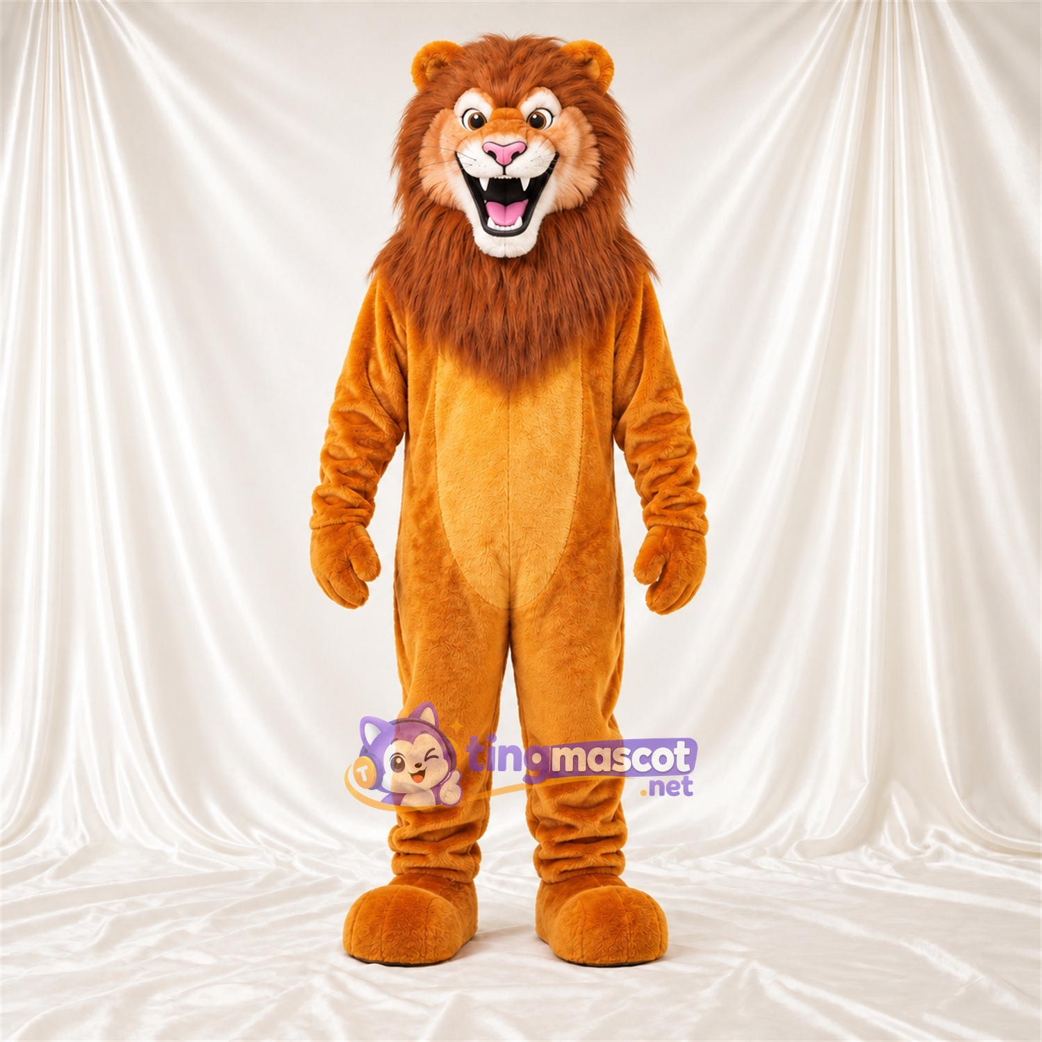 Costume de mascotte Lion – orange – Crinière (marron); Crocs pointus Costume de mascotte Lion – orange – Crinière (marron); Crocs pointus