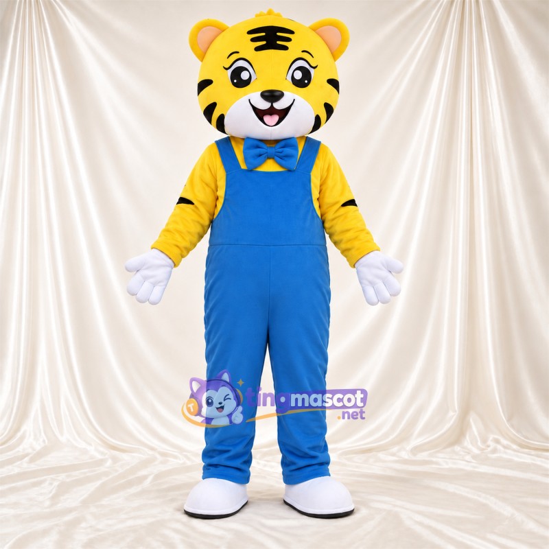 Costume de mascotte Tigre – jaune / noir – Salopette (bleu) Costume de mascotte Tigre – jaune / noir – Salopette (bleu)