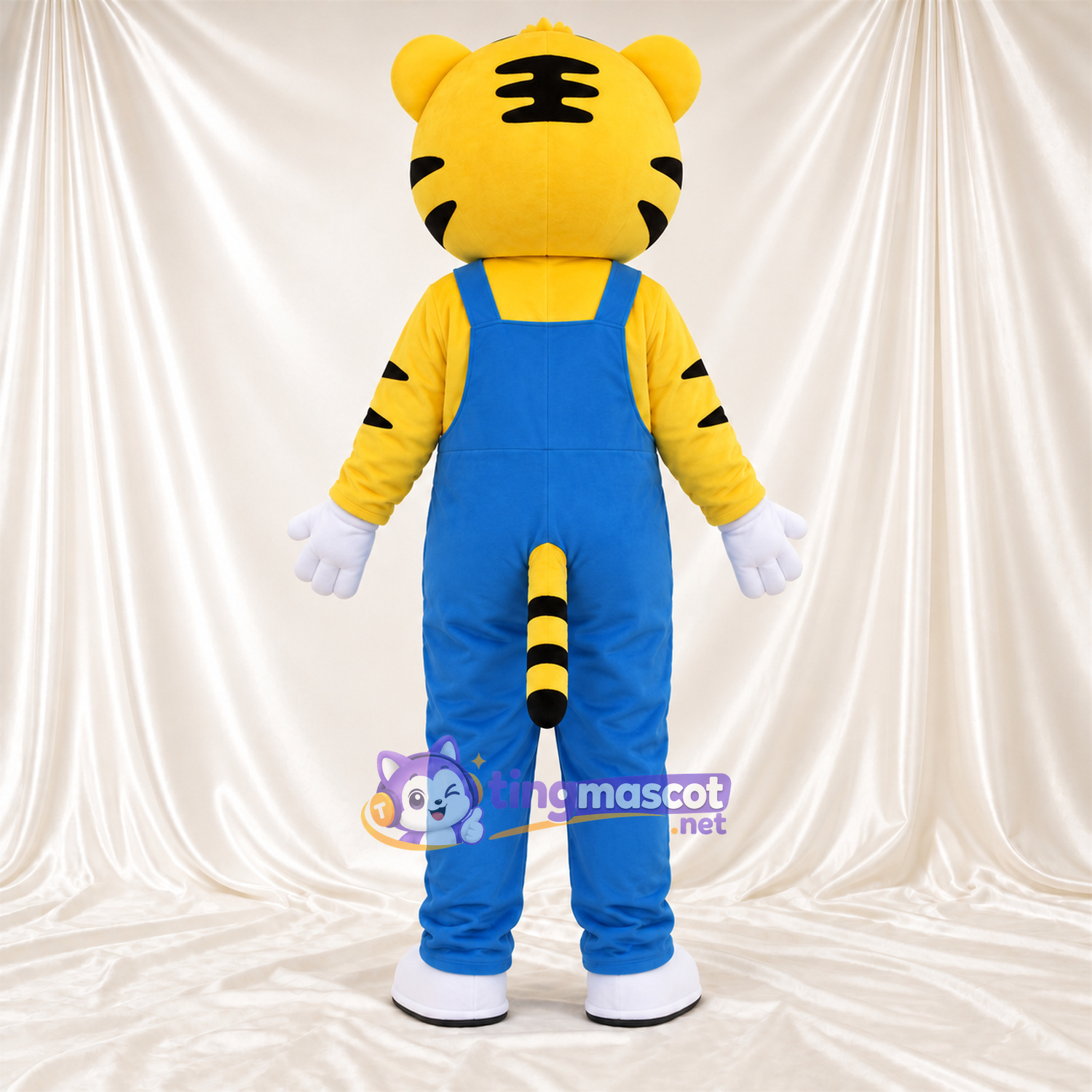 Costume de mascotte Tigre – jaune / noir – Salopette (bleu) Costume de mascotte Tigre – jaune / noir – Salopette (bleu)