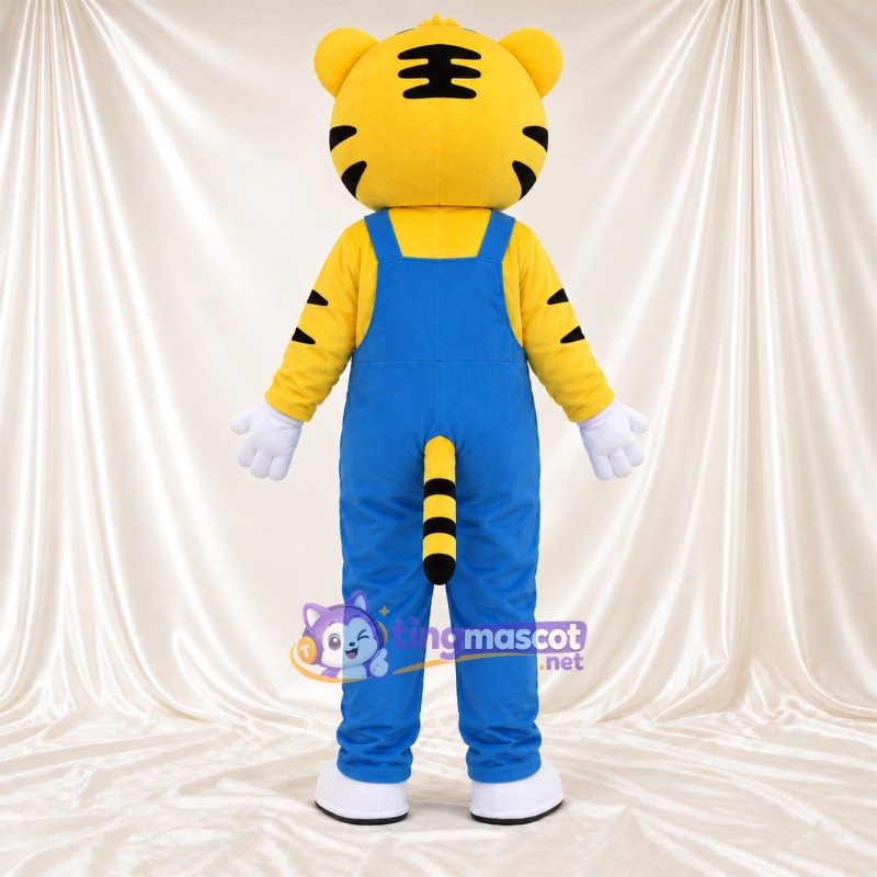 Costume de mascotte Tigre – jaune / noir – Salopette (bleu) Costume de mascotte Tigre – jaune / noir – Salopette (bleu)