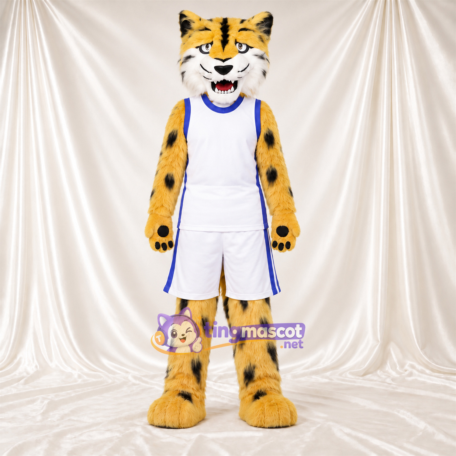 Maskottchenkostüm Gepard – gelb / schwarz – Basketballtrikot (weiß); Spitze Fangzähne Maskottchenkostüm Gepard – gelb / schwarz – Basketballtrikot (weiß); Spitze Fangzähne