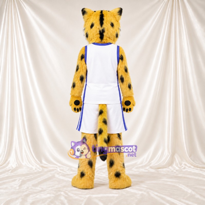Maskottchenkostüm Gepard – gelb / schwarz – Basketballtrikot (weiß); Spitze Fangzähne Maskottchenkostüm Gepard – gelb / schwarz – Basketballtrikot (weiß); Spitze Fangzähne
