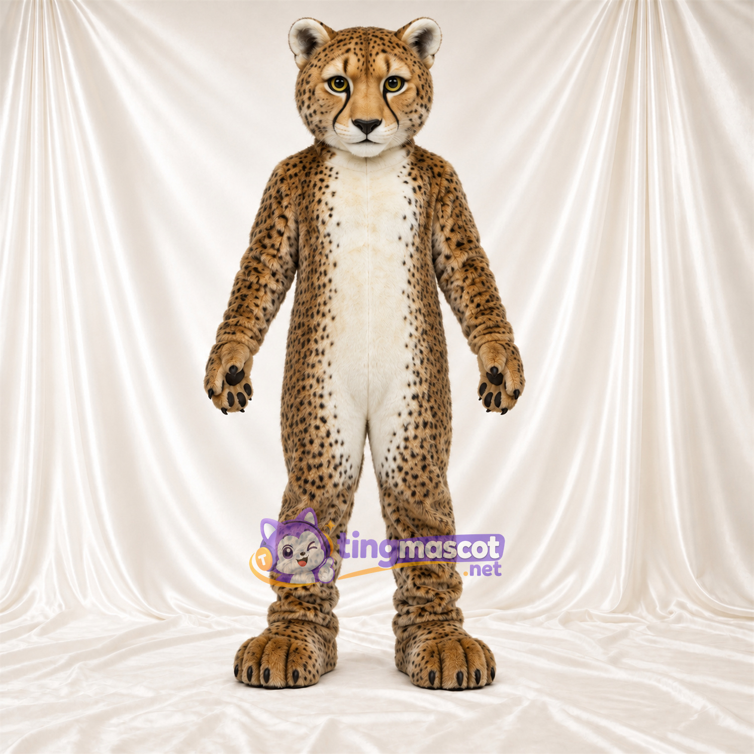 Maskottchenkostüm Gepard – hellbraun / schwarz – Bauch (weiß); Gestreifter Schwanz (weiß) Maskottchenkostüm Gepard – hellbraun / schwarz – Bauch (weiß); Gestreifter Schwanz (weiß)