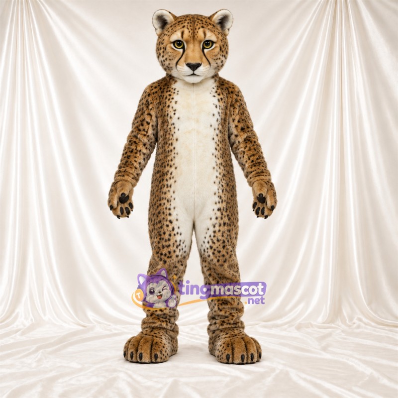 Maskottchenkostüm Gepard – hellbraun / schwarz – Bauch (weiß); Gestreifter Schwanz (weiß) Maskottchenkostüm Gepard – hellbraun / schwarz – Bauch (weiß); Gestreifter Schwanz (weiß)