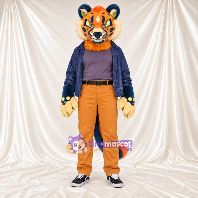 Costume de mascotte Chat tacheté – orange / bleu – Veste; Pantalon (orange)