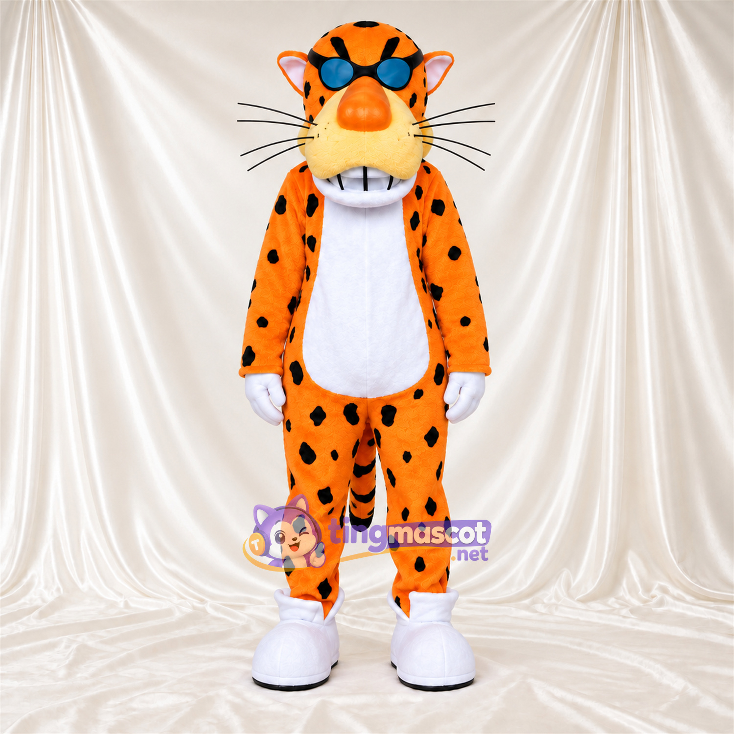 Costume de mascotte Guépard – orange / noir – Lunettes de soleil (bleu); Sourire avec dents Costume de mascotte Guépard – orange / noir – Lunettes de soleil (bleu); Sourire avec dents