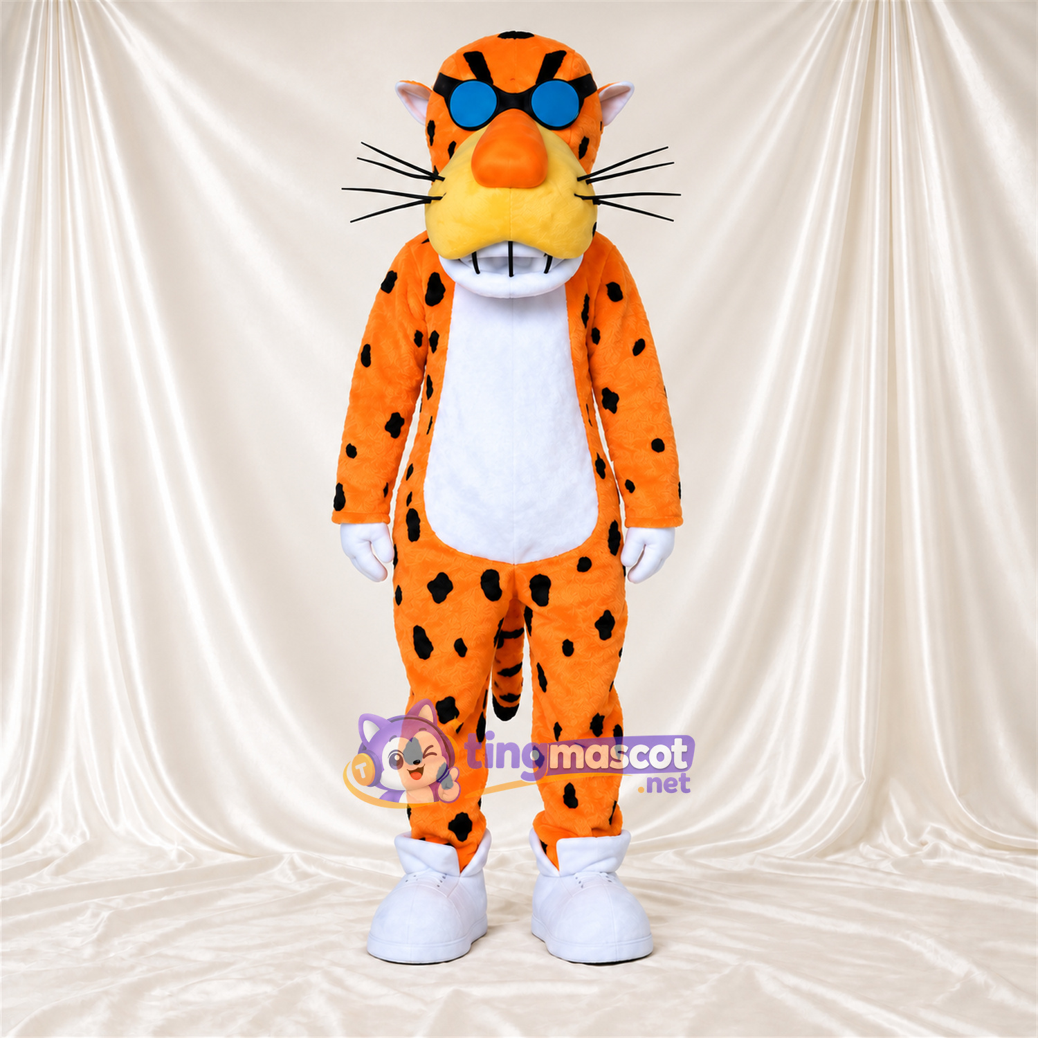 Maskottchenkostüm Gepard – orange / schwarz – Sonnenbrille (blau); Breites Zahngrinsen Maskottchenkostüm Gepard – orange / schwarz – Sonnenbrille (blau); Breites Zahngrinsen