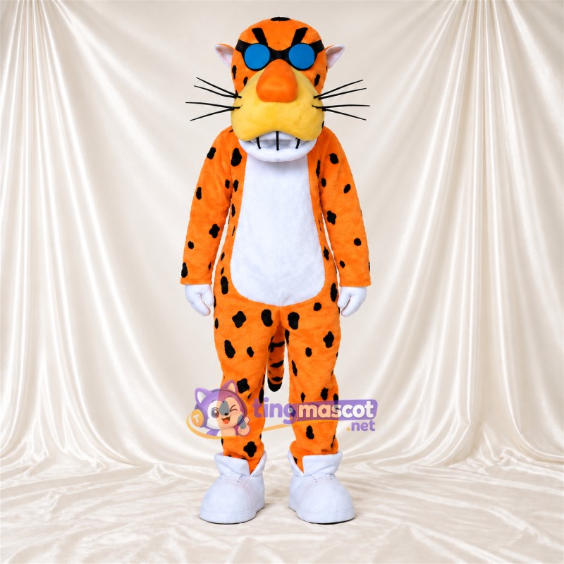 Maskottchenkostüm Gepard – orange / schwarz – Sonnenbrille (blau); Breites Zahngrinsen Maskottchenkostüm Gepard – orange / schwarz – Sonnenbrille (blau); Breites Zahngrinsen