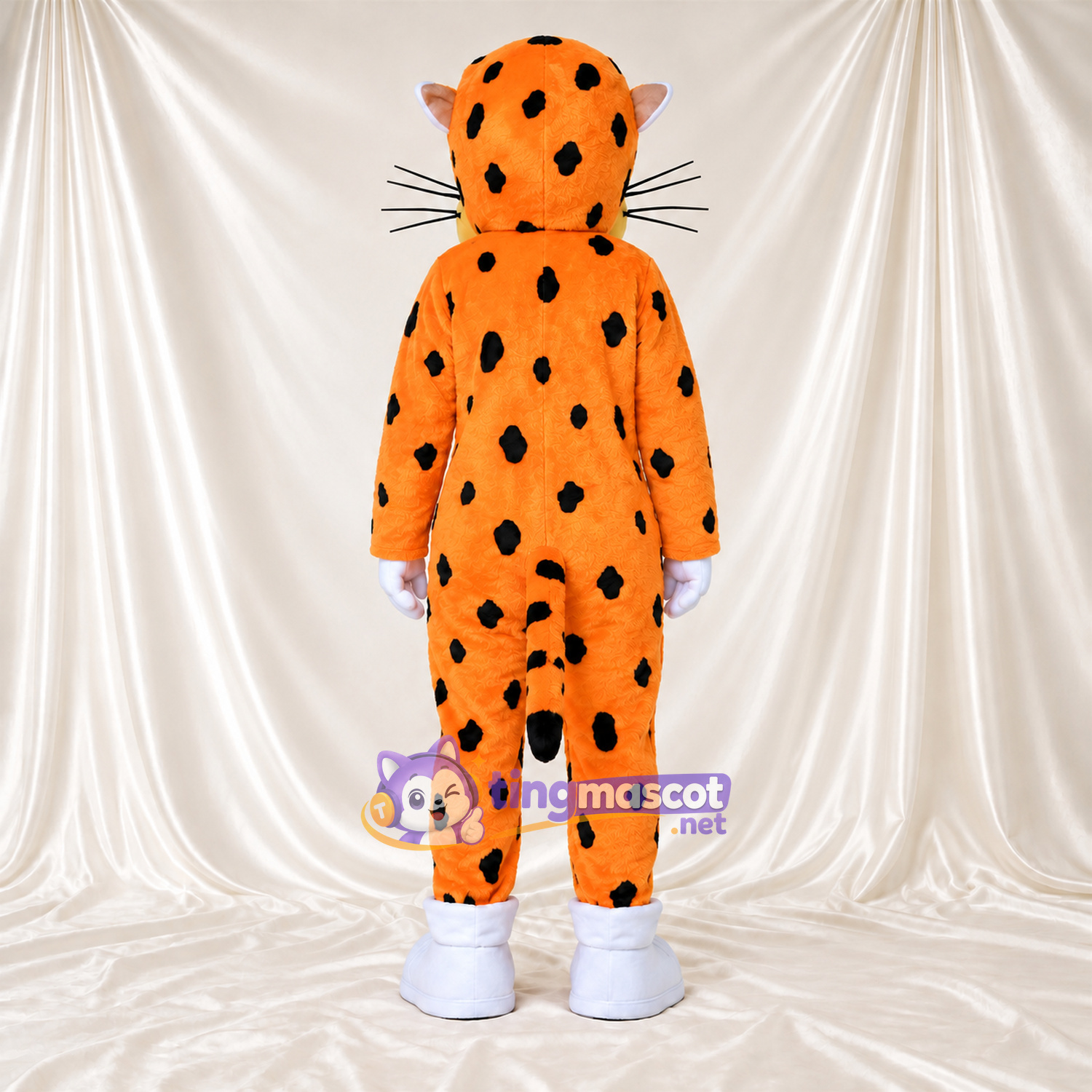 Maskottchenkostüm Gepard – orange / schwarz – Sonnenbrille (blau); Breites Zahngrinsen Maskottchenkostüm Gepard – orange / schwarz – Sonnenbrille (blau); Breites Zahngrinsen
