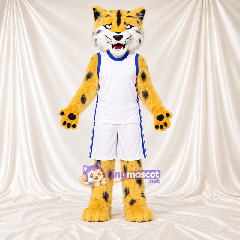 Maskottchenkostüm Gepard – gelb / schwarz – Basketballtrikot (weiß); Pfotenballen (schwarz) Maskottchenkostüm Gepard – gelb / schwarz – Basketballtrikot (weiß); Pfotenballen (schwarz)