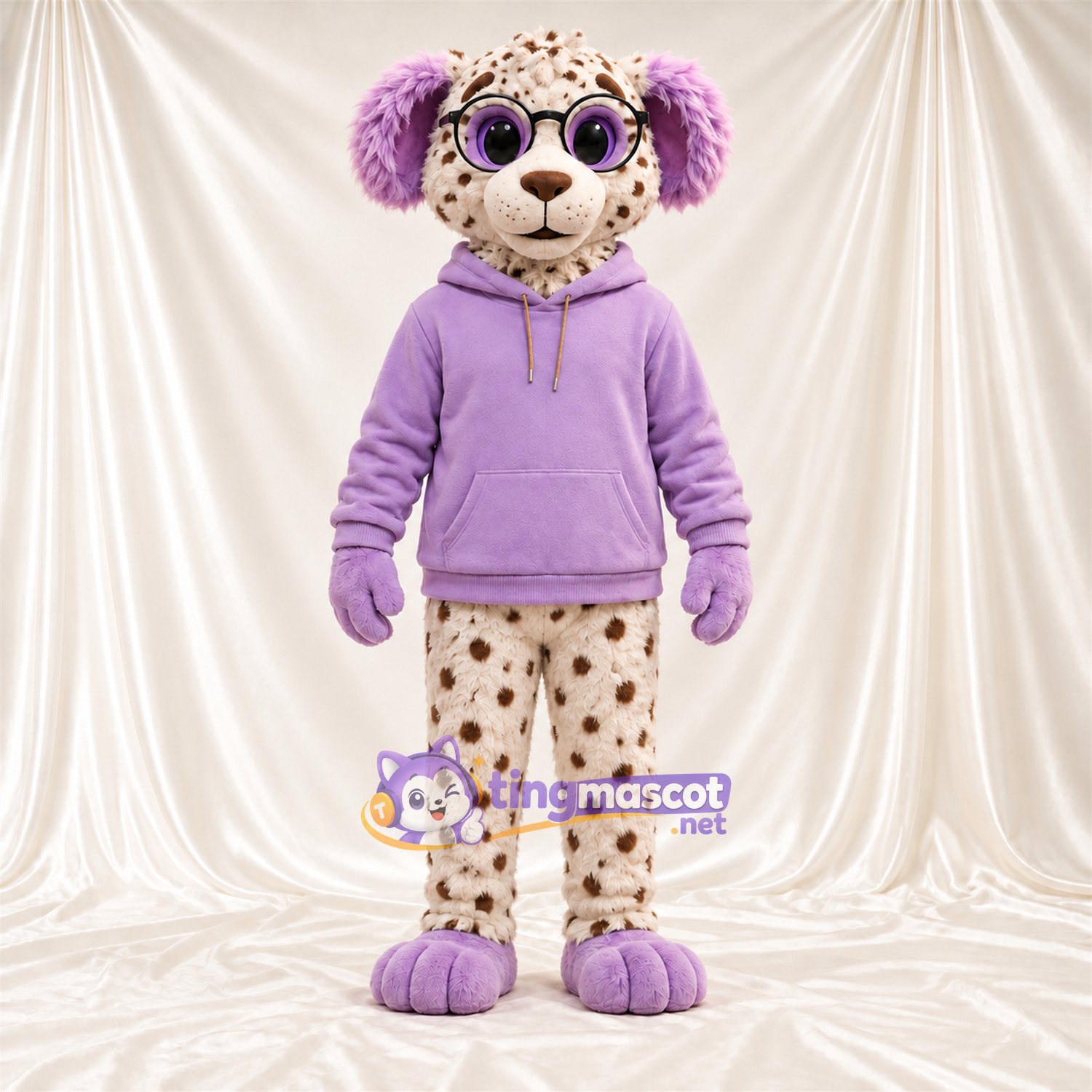 Costume de mascotte Chien tacheté – crème / violet – Sweat à capuche (violet); Lunettes Costume de mascotte Chien tacheté – crème / violet – Sweat à capuche (violet); Lunettes