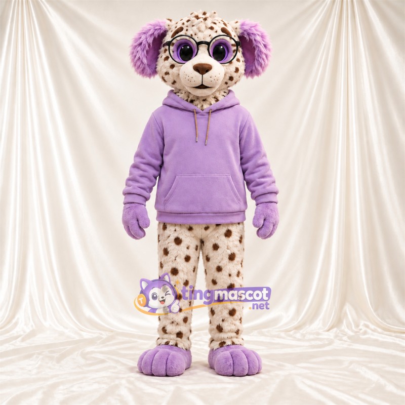Costume de mascotte Chien tacheté – crème / violet – Sweat à capuche (violet); Lunettes Costume de mascotte Chien tacheté – crème / violet – Sweat à capuche (violet); Lunettes