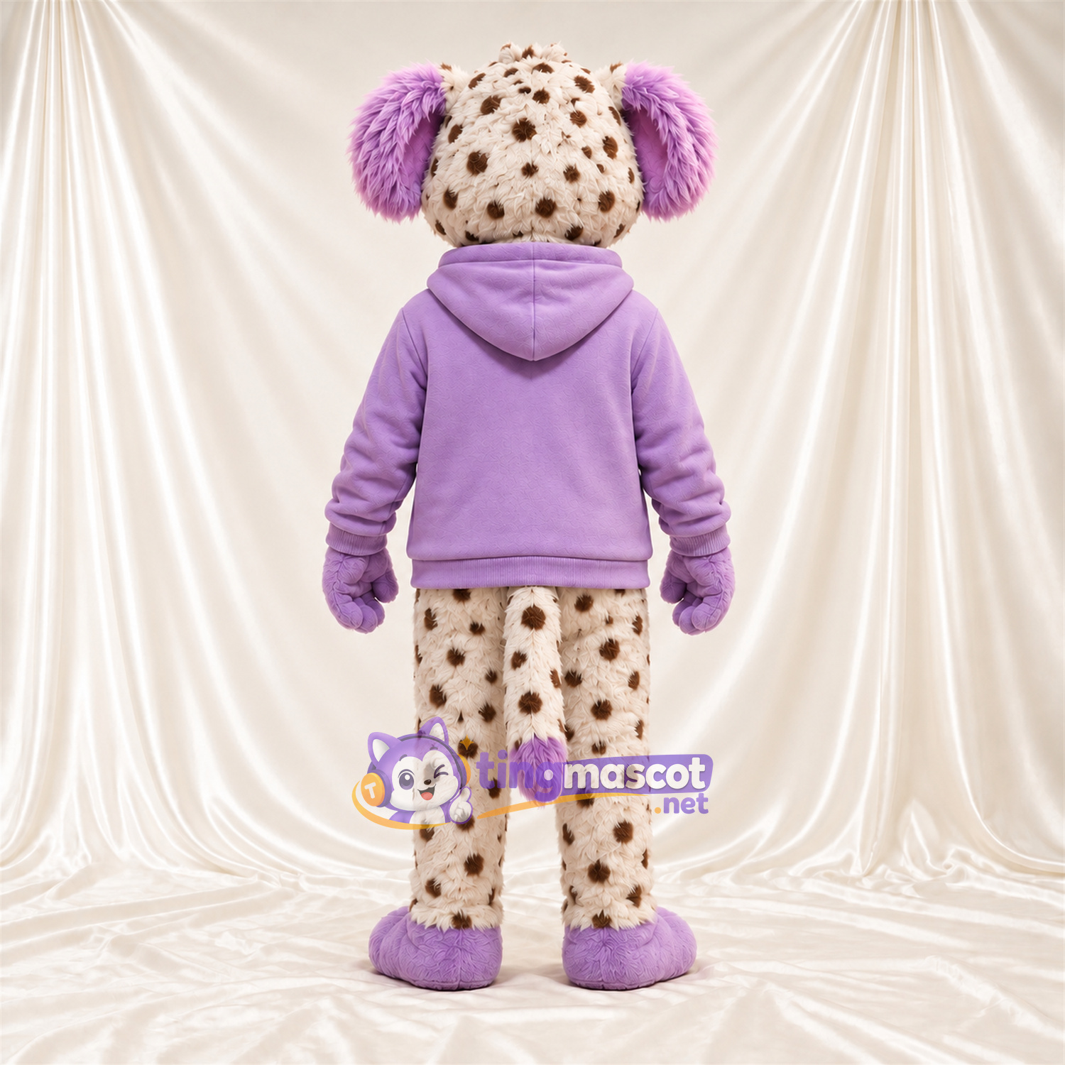 Costume de mascotte Chien tacheté – crème / violet – Sweat à capuche (violet); Lunettes Costume de mascotte Chien tacheté – crème / violet – Sweat à capuche (violet); Lunettes
