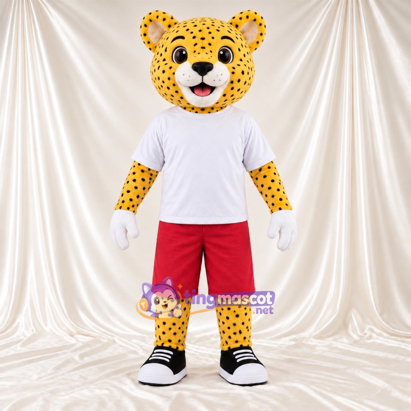 Costume de mascotte Guépard – jaune / noir – Chemise (blanc); Short (rouge) Costume de mascotte Guépard – jaune / noir – Chemise (blanc); Short (rouge)
