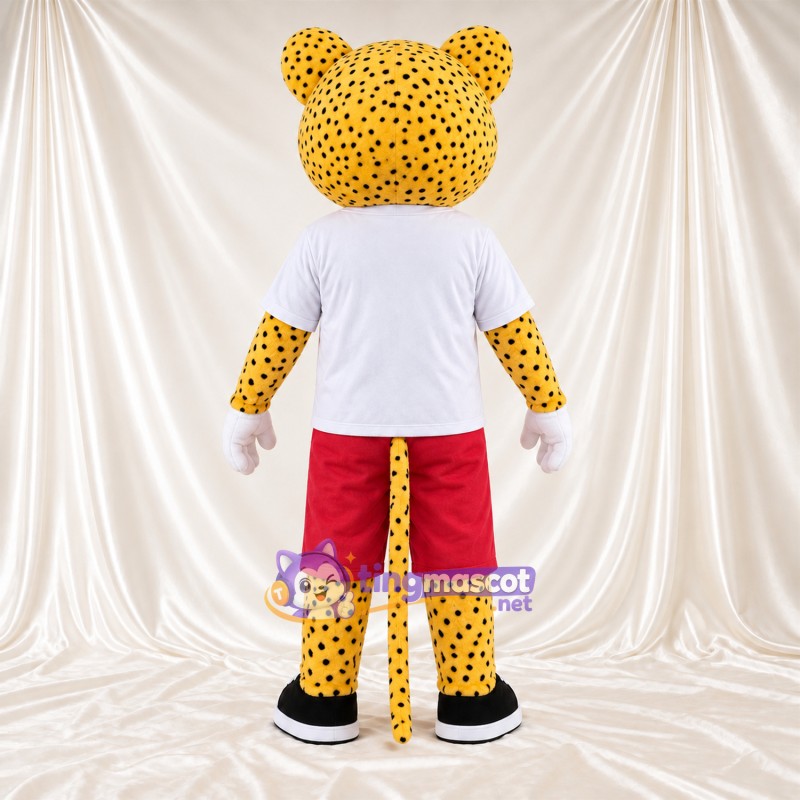 Costume de mascotte Guépard – jaune / noir – Chemise (blanc); Short (rouge) Costume de mascotte Guépard – jaune / noir – Chemise (blanc); Short (rouge)