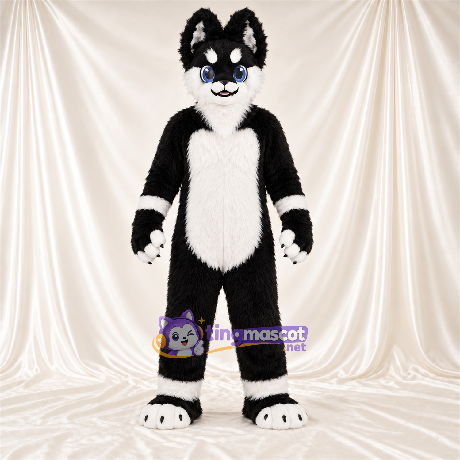 Maskottchenkostüm Husky – schwarz / weiß – Knöchelmanschetten (weiß); Handgelenkmanschetten (weiß) Maskottchenkostüm Husky – schwarz / weiß – Knöchelmanschetten (weiß); Handgelenkmanschetten (weiß)