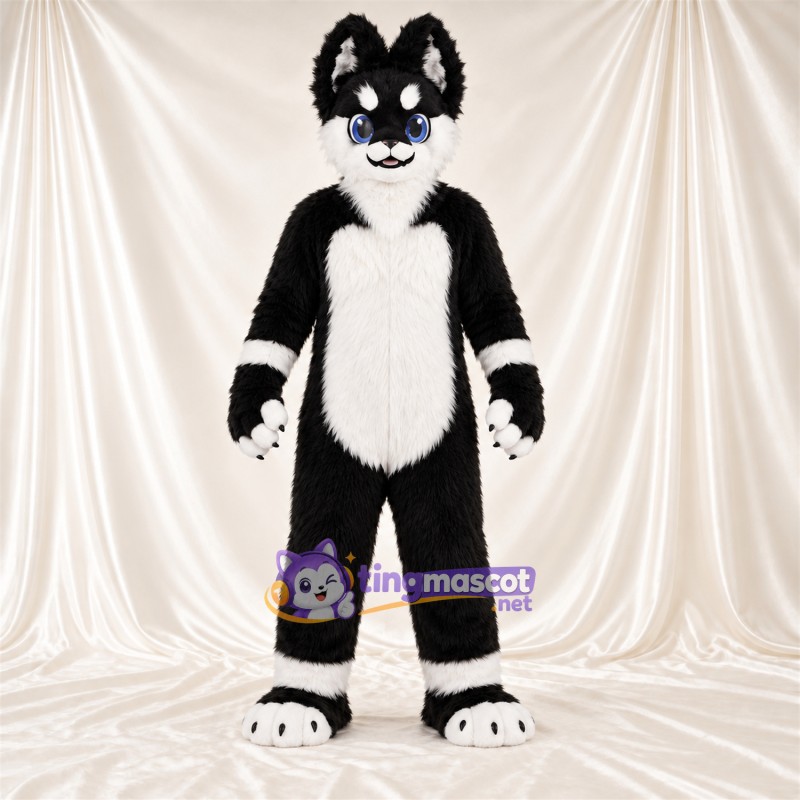 Maskottchenkostüm Husky – schwarz / weiß – Knöchelmanschetten (weiß); Handgelenkmanschetten (weiß) Maskottchenkostüm Husky – schwarz / weiß – Knöchelmanschetten (weiß); Handgelenkmanschetten (weiß)