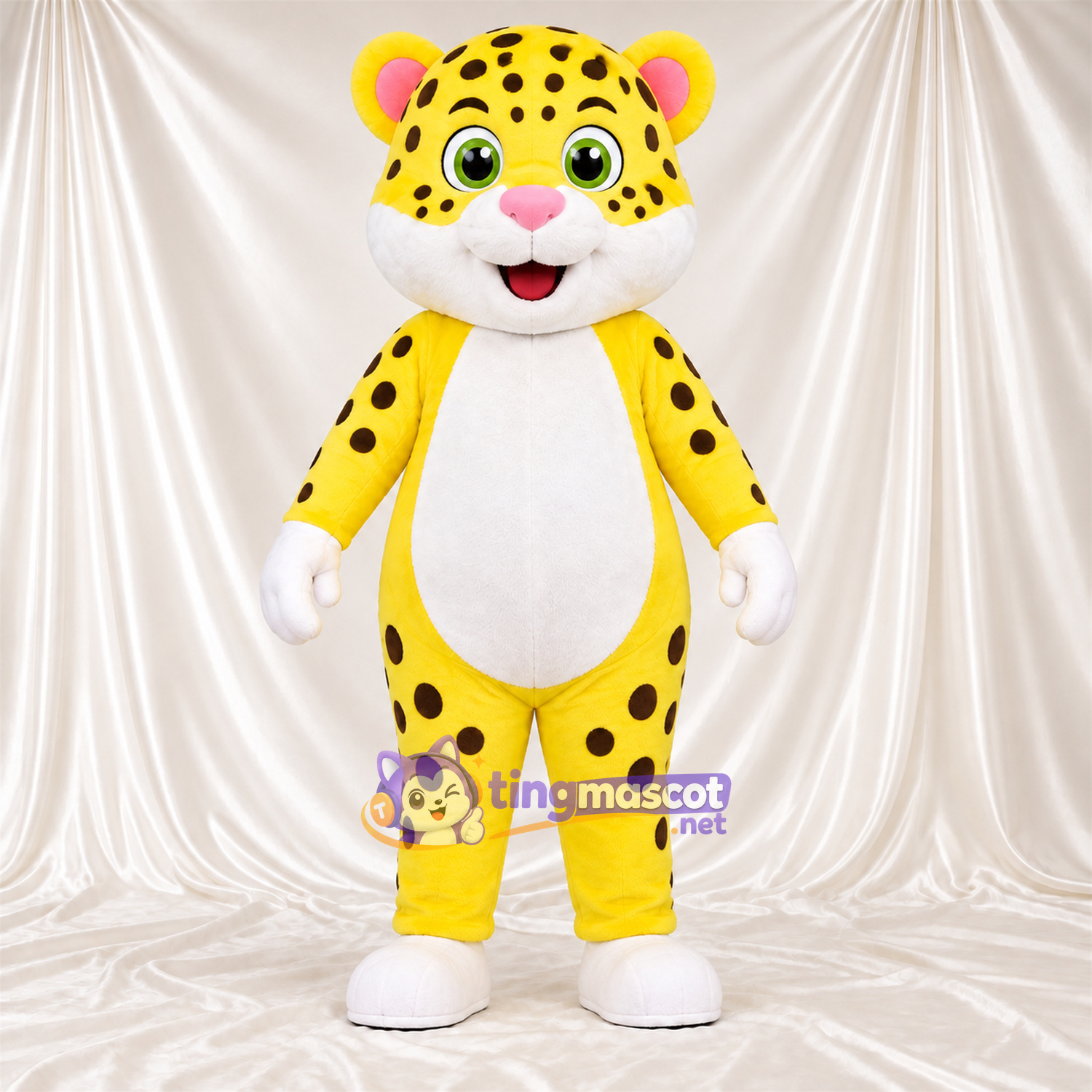 Costume de mascotte Guépard – jaune / noir – Gants (blanc); Pieds (blanc) Costume de mascotte Guépard – jaune / noir – Gants (blanc); Pieds (blanc)
