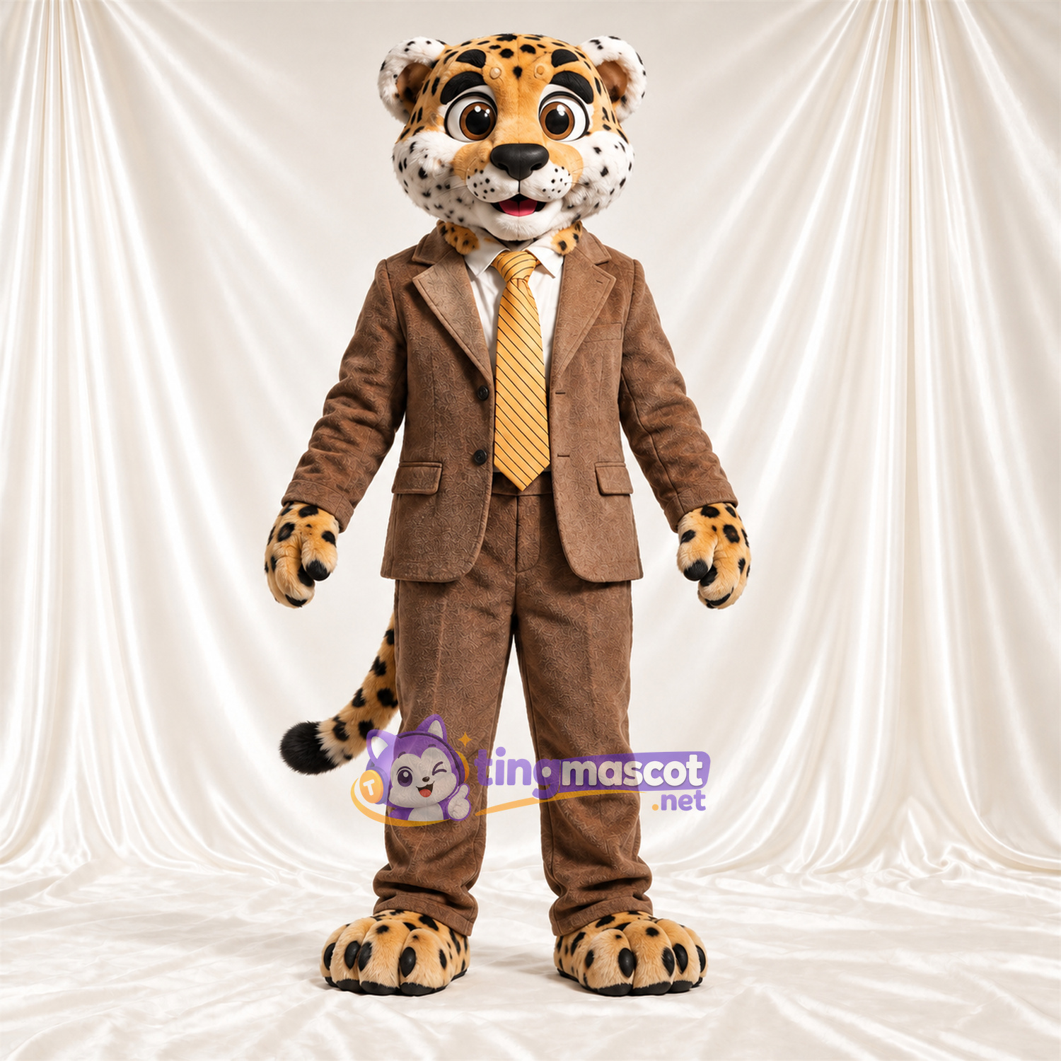 Maskottchenkostüm Leopard – hellbraun / schwarz – Anzug (braun); Krawatte (gelb) Maskottchenkostüm Leopard – hellbraun / schwarz – Anzug (braun); Krawatte (gelb)