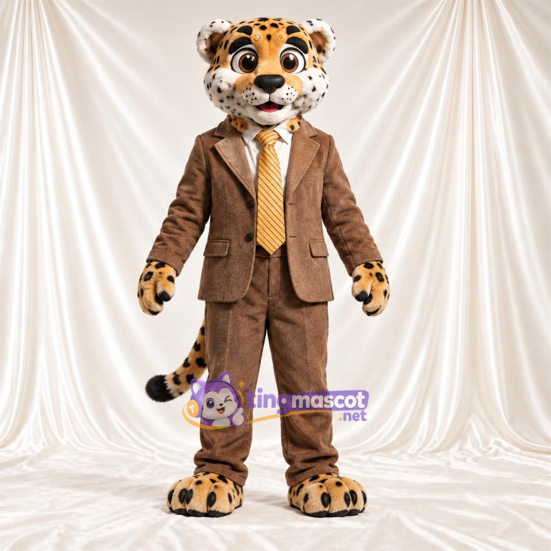 Maskottchenkostüm Leopard – hellbraun / schwarz – Anzug (braun); Krawatte (gelb) Maskottchenkostüm Leopard – hellbraun / schwarz – Anzug (braun); Krawatte (gelb)