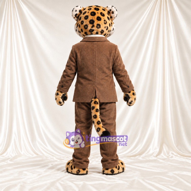 Maskottchenkostüm Leopard – hellbraun / schwarz – Anzug (braun); Krawatte (gelb) Maskottchenkostüm Leopard – hellbraun / schwarz – Anzug (braun); Krawatte (gelb)