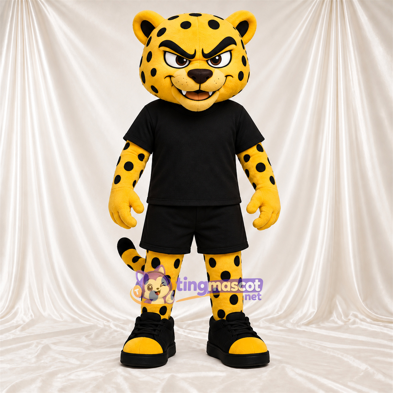 Yellow and Black Cheetah Mascot Costume - Black Sports Uniform Yellow and Black Cheetah Mascot Costume - Black Sports Uniform