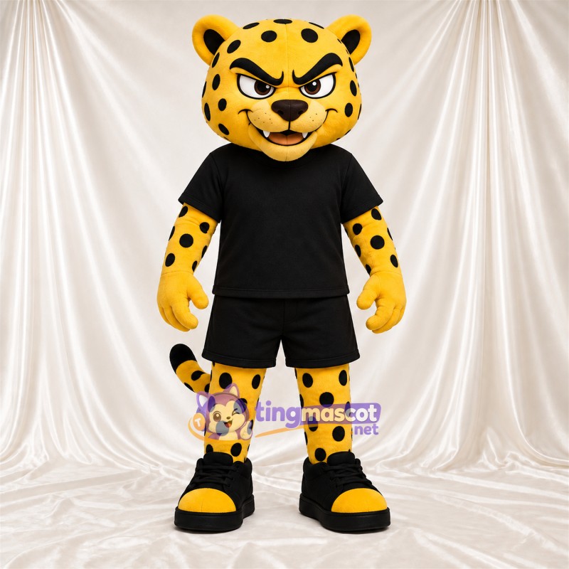 Yellow and Black Cheetah Mascot Costume - Black Sports Uniform Yellow and Black Cheetah Mascot Costume - Black Sports Uniform