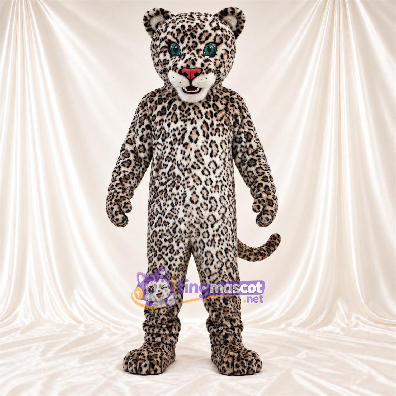 Costume de mascotte Léopard – gris / noir – Queue enroulée; Yeux (bleu) Costume de mascotte Léopard – gris / noir – Queue enroulée; Yeux (bleu)