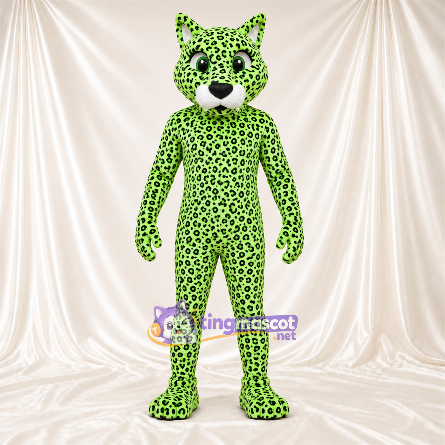 Costume de mascotte Léopard – vert / noir – Longue queue; Taches en rosettes Costume de mascotte Léopard – vert / noir – Longue queue; Taches en rosettes