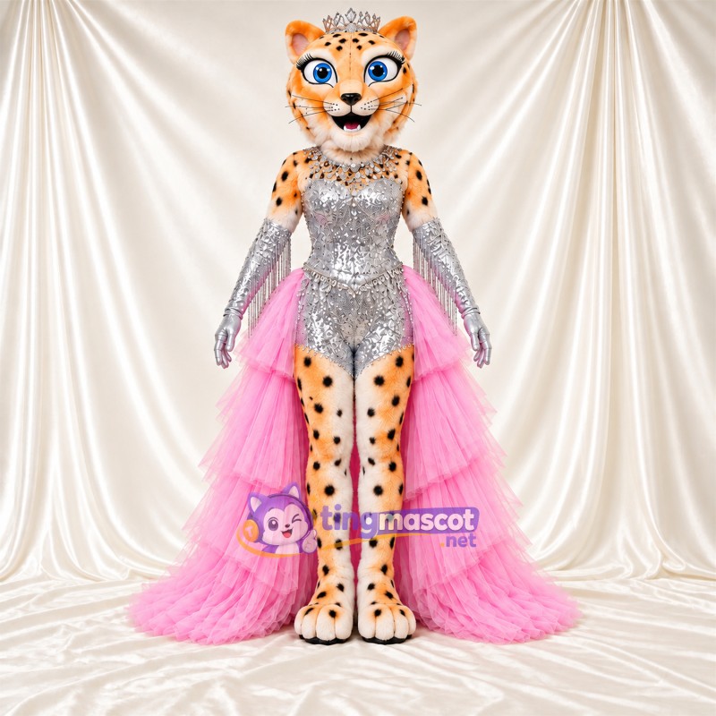 Maskottchenkostüm Gepard – orange / schwarz – Oberteil (silberfarben); Rock (rosa) Maskottchenkostüm Gepard – orange / schwarz – Oberteil (silberfarben); Rock (rosa)