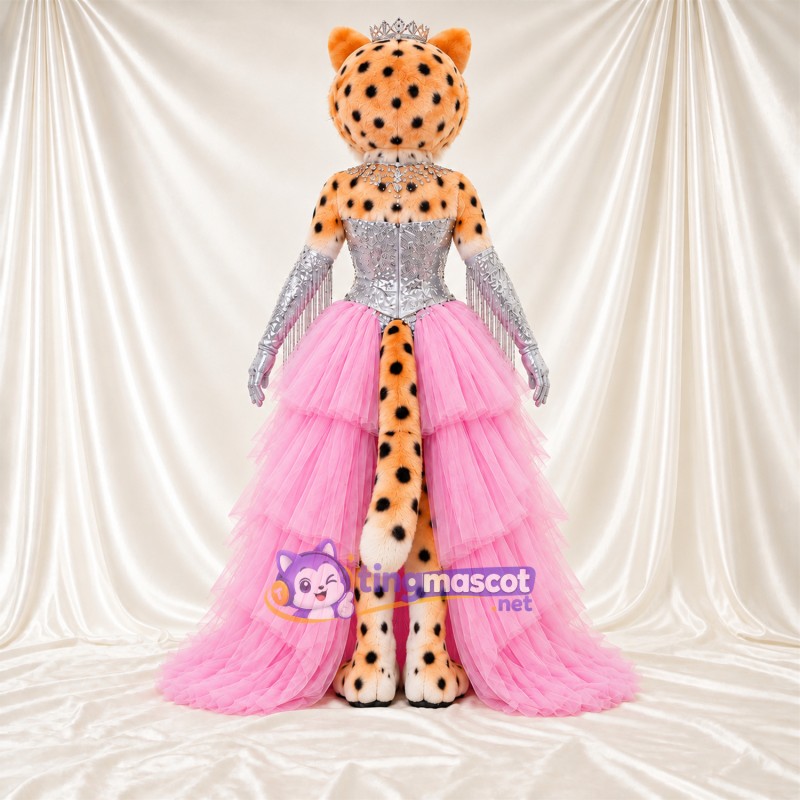 Maskottchenkostüm Gepard – orange / schwarz – Oberteil (silberfarben); Rock (rosa) Maskottchenkostüm Gepard – orange / schwarz – Oberteil (silberfarben); Rock (rosa)