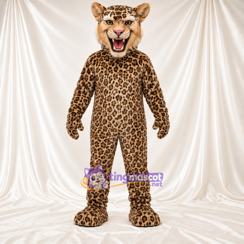 Costume de mascotte Léopard – brun clair / noir – Bouche ouverte; Crocs pointus Costume de mascotte Léopard – brun clair / noir – Bouche ouverte; Crocs pointus