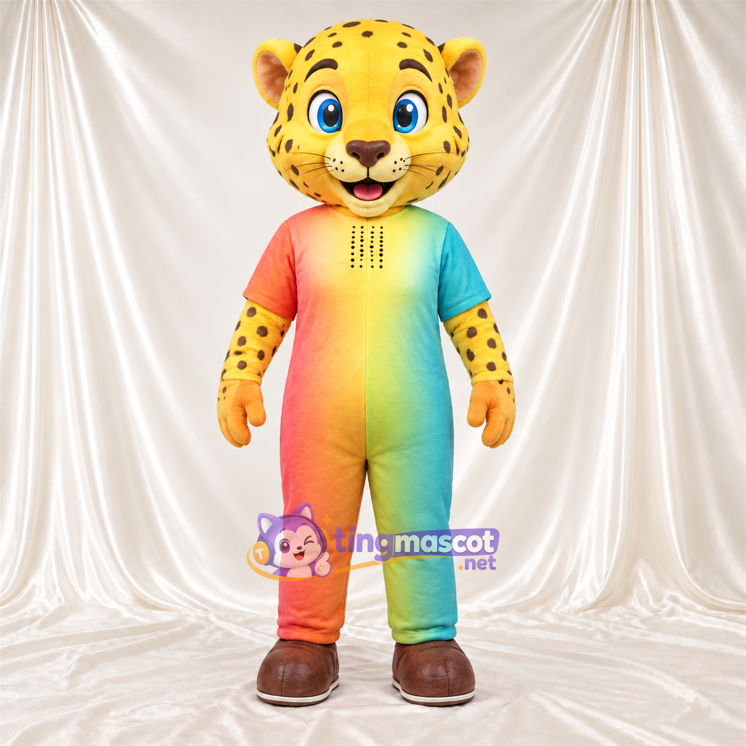 Costume de mascotte Guépard – jaune / noir – Tenue (arc-en-ciel) Costume de mascotte Guépard – jaune / noir – Tenue (arc-en-ciel)