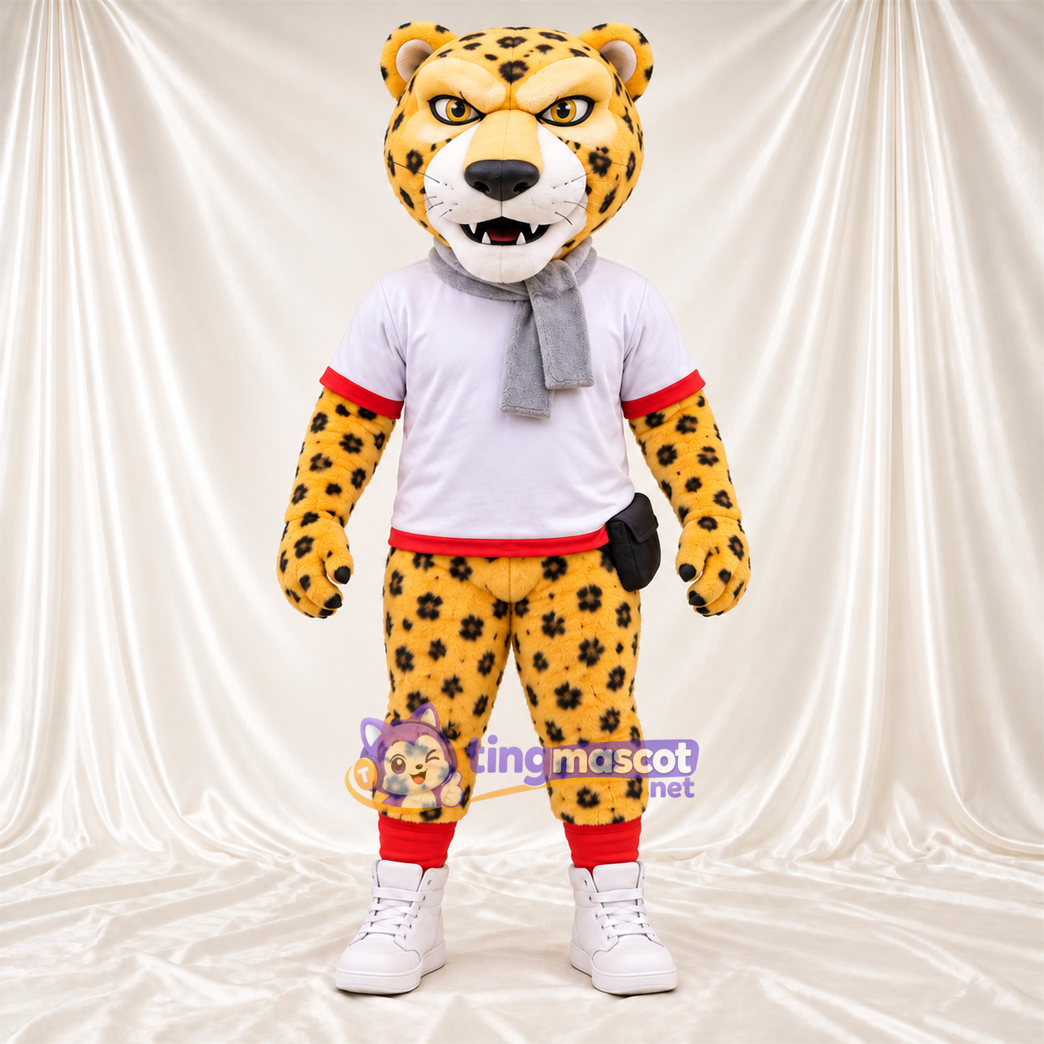 Costume de mascotte Guépard – jaune / noir – Chemise (blanc); Écharpe (gris) Costume de mascotte Guépard – jaune / noir – Chemise (blanc); Écharpe (gris)
