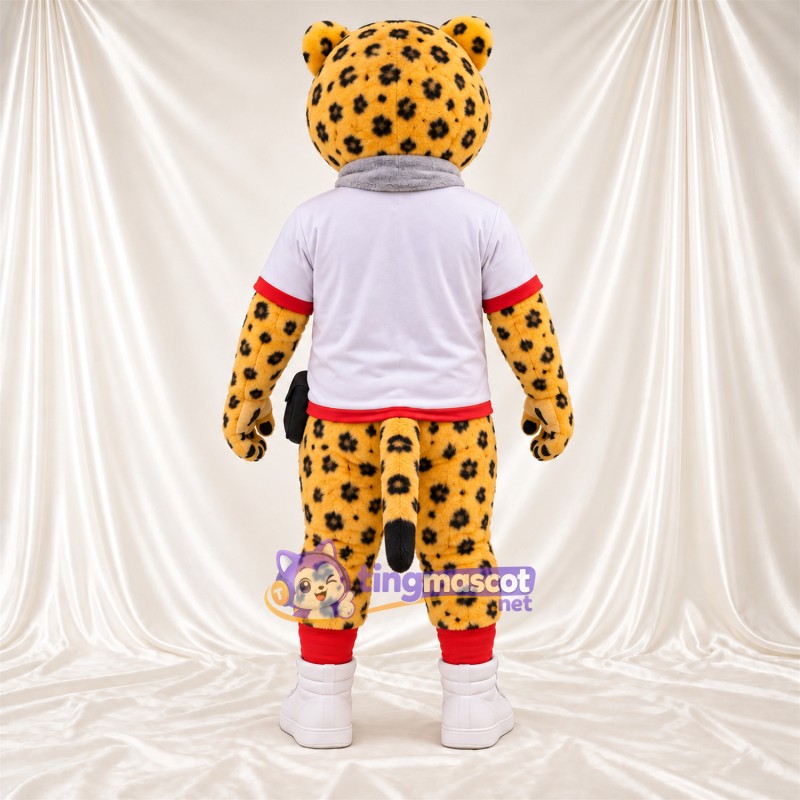 Costume de mascotte Guépard – jaune / noir – Chemise (blanc); Écharpe (gris) Costume de mascotte Guépard – jaune / noir – Chemise (blanc); Écharpe (gris)