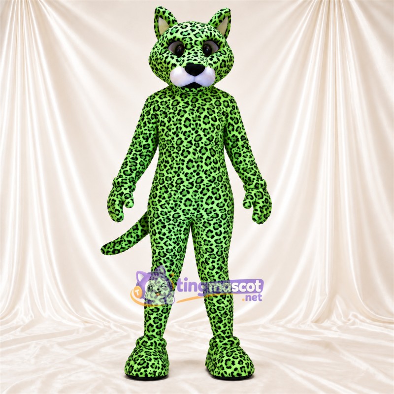 Maskottchenkostüm Leopard – grün / schwarz – Zunge (rosa); Rosettenflecken Maskottchenkostüm Leopard – grün / schwarz – Zunge (rosa); Rosettenflecken