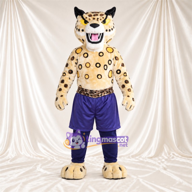 Maskottchenkostüm Leopard – creme / schwarz – Shorts (violett) Maskottchenkostüm Leopard – creme / schwarz – Shorts (violett)