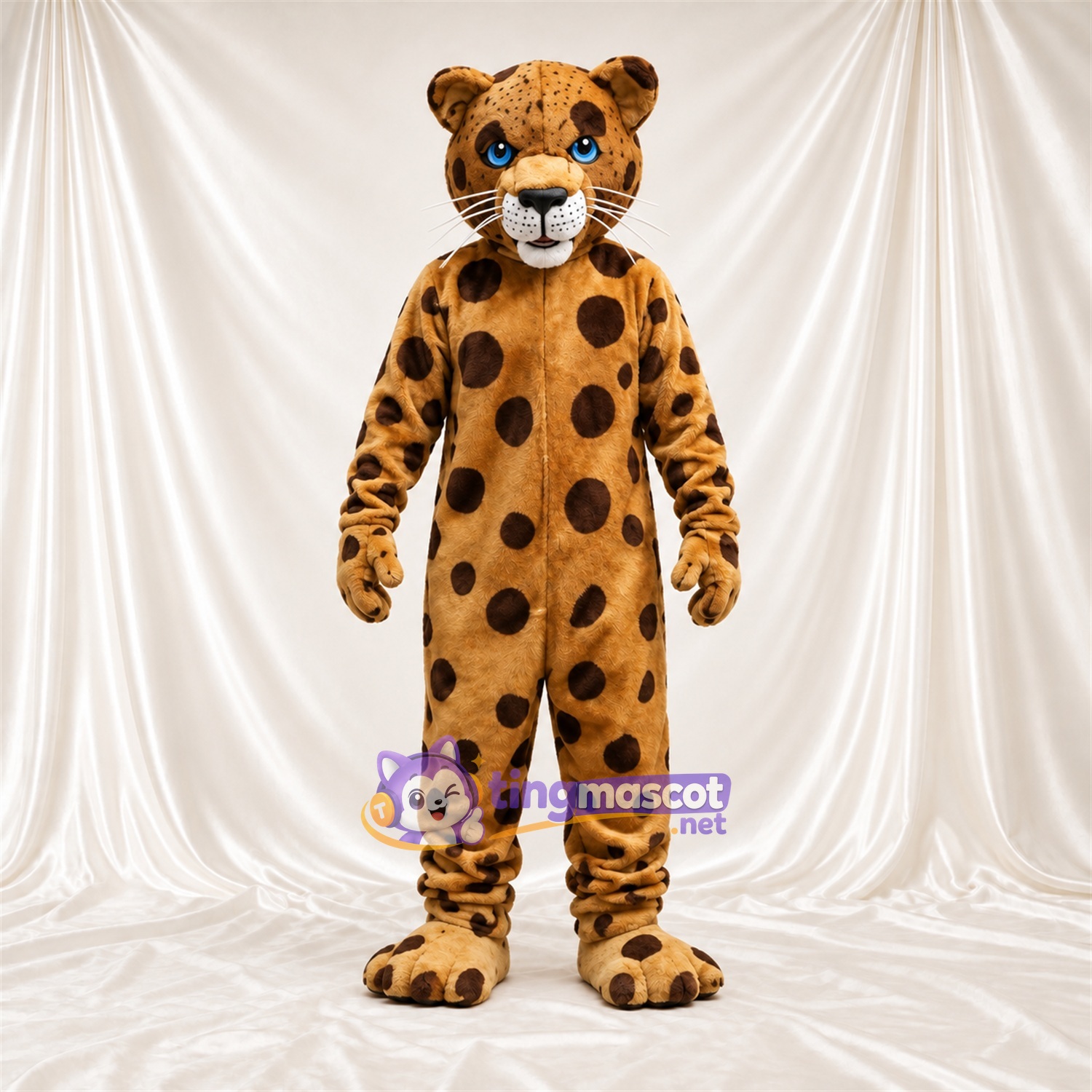 Tan and Black Cheetah Mascot Costume - Blue Eyes and Round Spots Tan and Black Cheetah Mascot Costume - Blue Eyes and Round Spots
