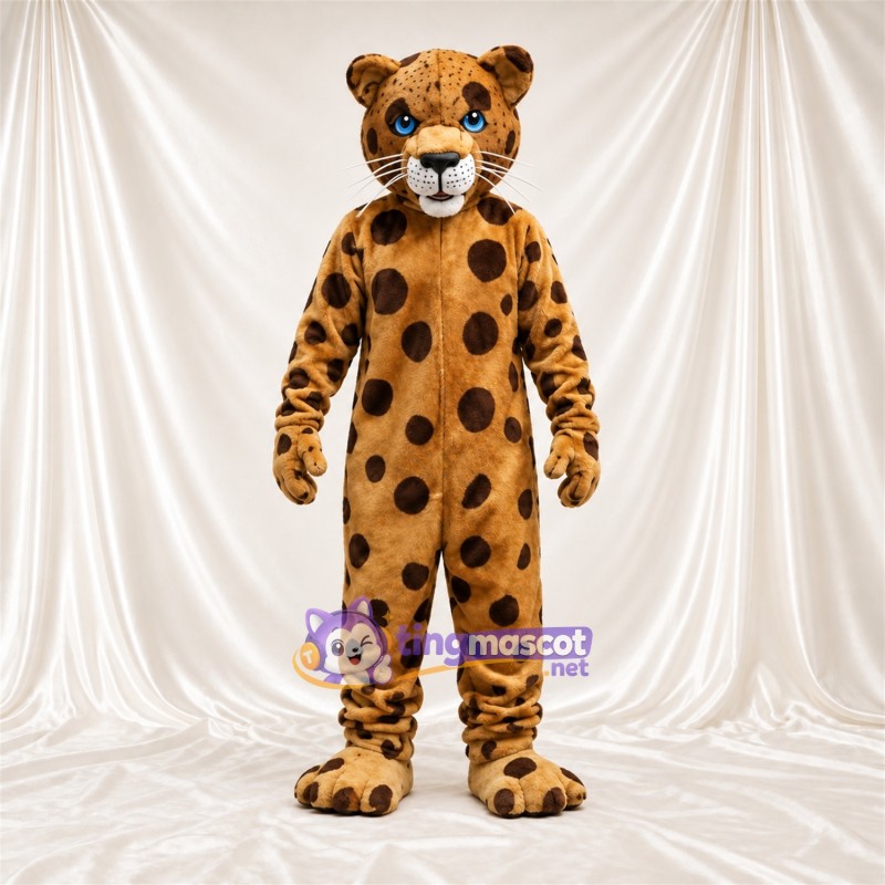 Tan and Black Cheetah Mascot Costume - Blue Eyes and Round Spots Tan and Black Cheetah Mascot Costume - Blue Eyes and Round Spots