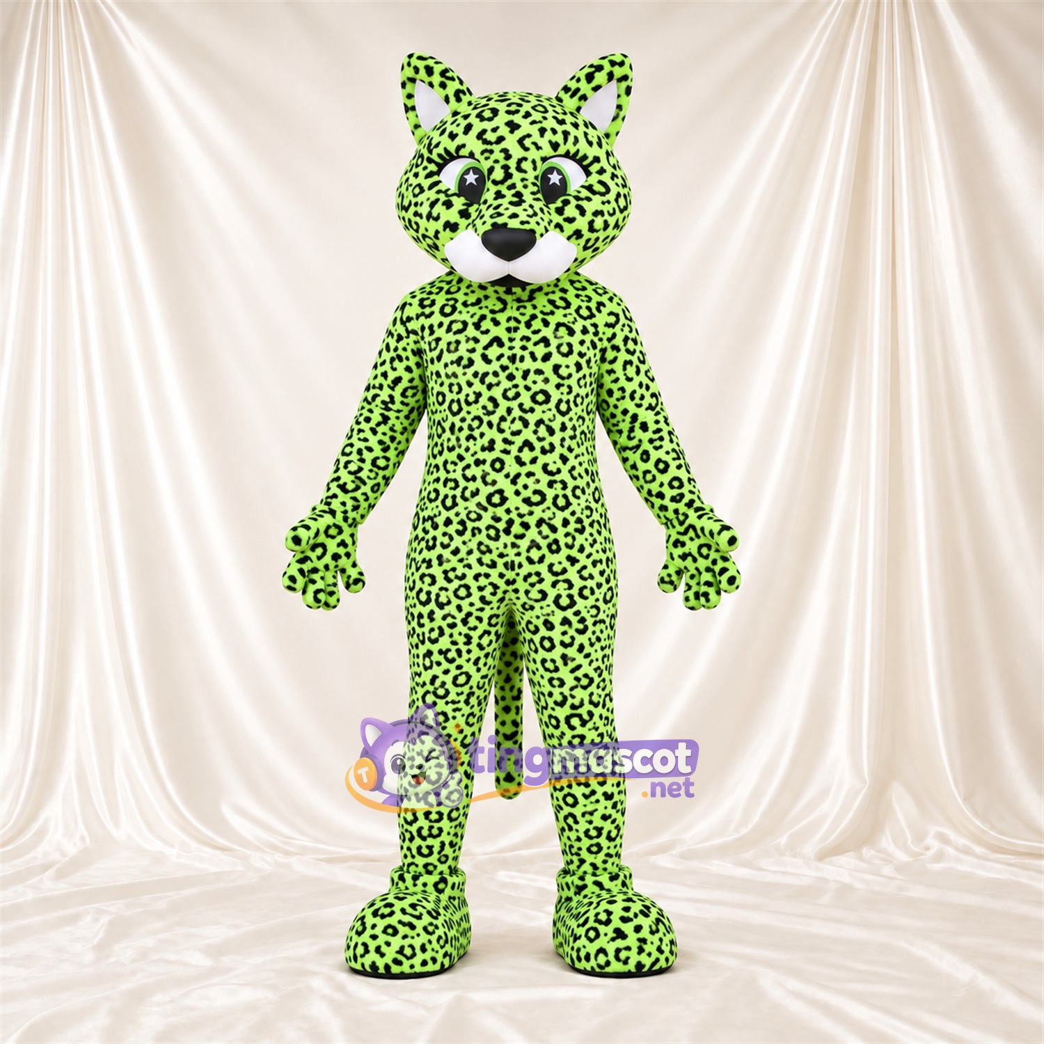 Costume de mascotte Léopard – vert / noir – Longue queue; Taches en rosettes Costume de mascotte Léopard – vert / noir – Longue queue; Taches en rosettes