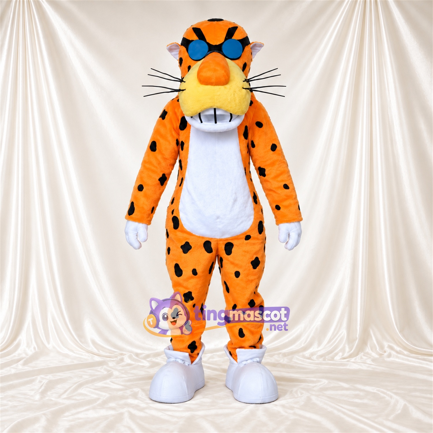 Maskottchenkostüm Gepard – orange / schwarz – Sonnenbrille (blau); Schnurrhaare Maskottchenkostüm Gepard – orange / schwarz – Sonnenbrille (blau); Schnurrhaare