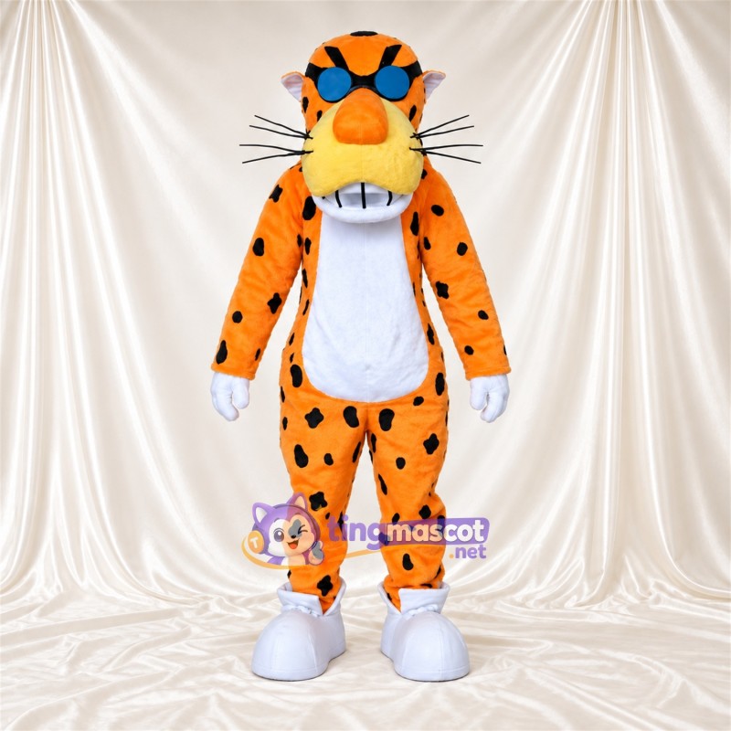 Maskottchenkostüm Gepard – orange / schwarz – Sonnenbrille (blau); Schnurrhaare Maskottchenkostüm Gepard – orange / schwarz – Sonnenbrille (blau); Schnurrhaare