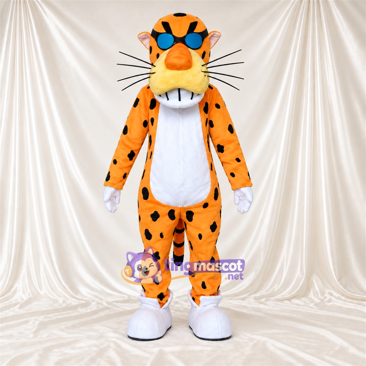 Maskottchenkostüm Gepard – orange / schwarz – Sonnenbrille (blau); Schnurrhaare Maskottchenkostüm Gepard – orange / schwarz – Sonnenbrille (blau); Schnurrhaare