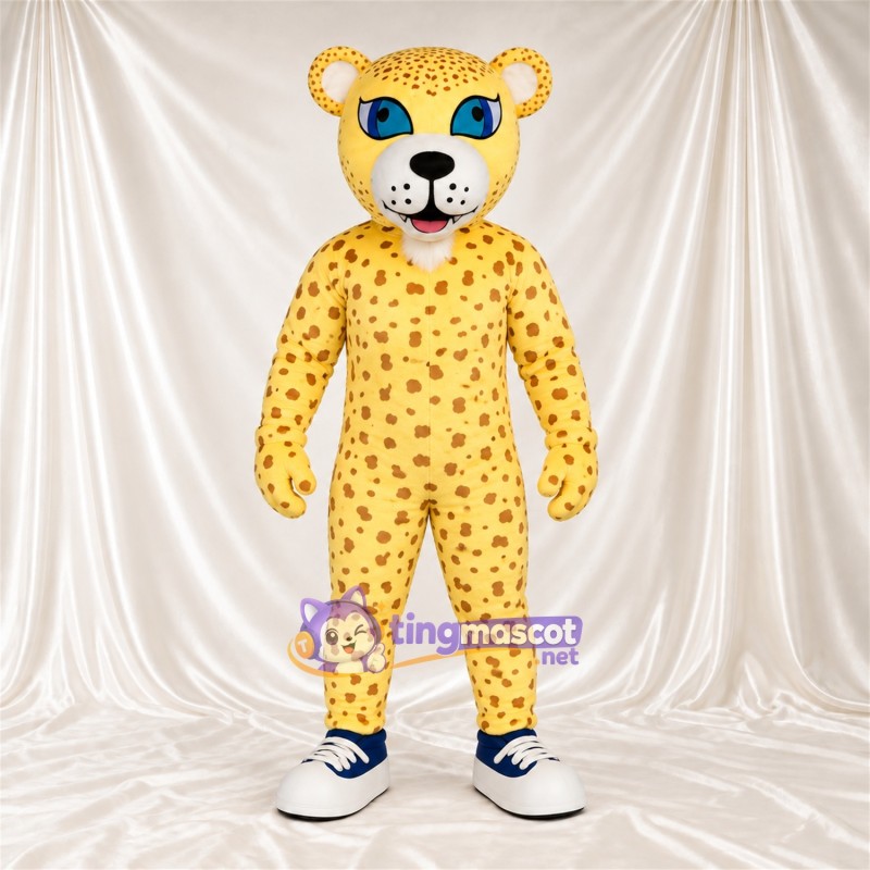 Maskottchenkostüm Gepard – gelb / schwarz – Augen (blau); Sneaker (schwarz / weiß)