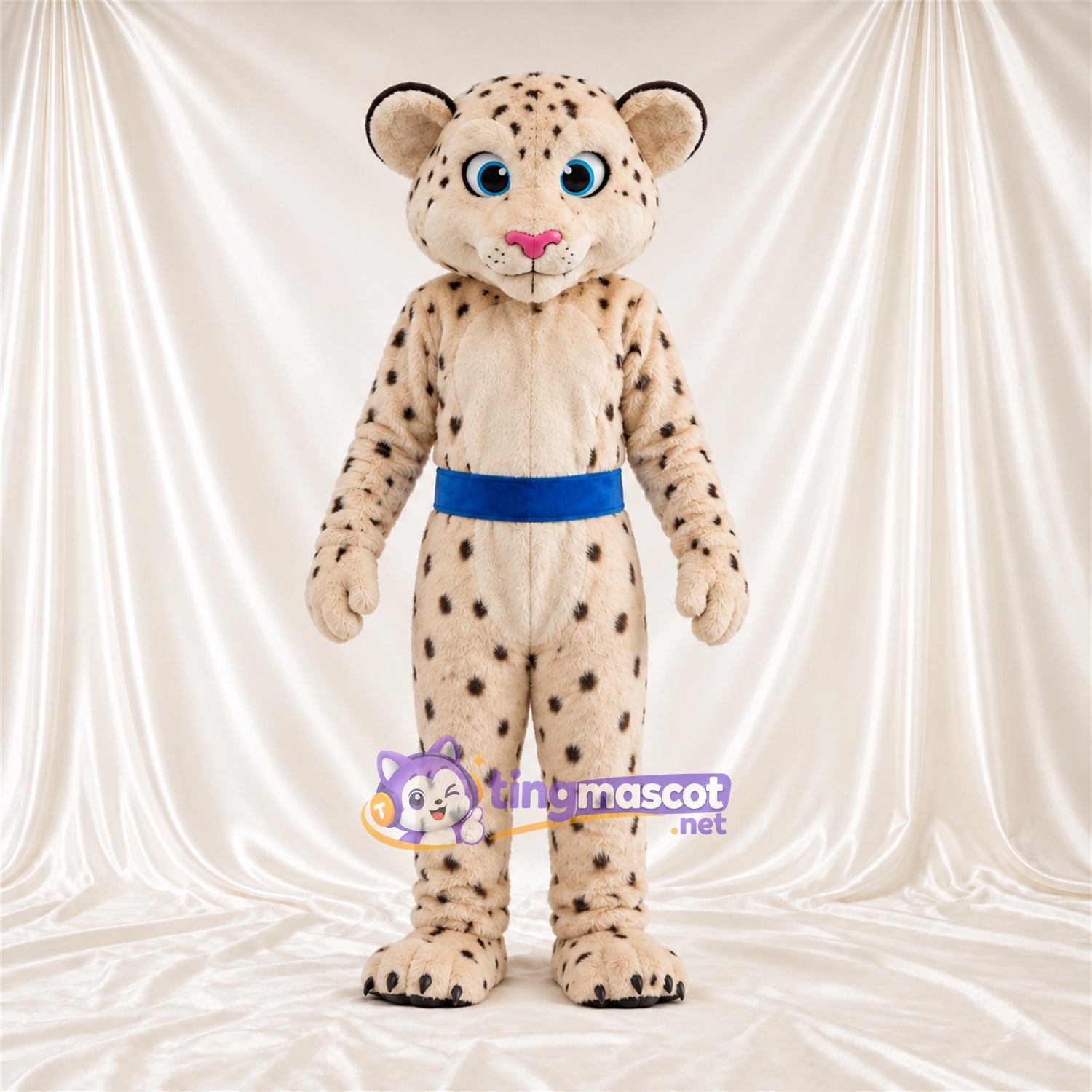 Maskottchenkostüm Gepard – creme / schwarz – Gürtel (blau) Maskottchenkostüm Gepard – creme / schwarz – Gürtel (blau)